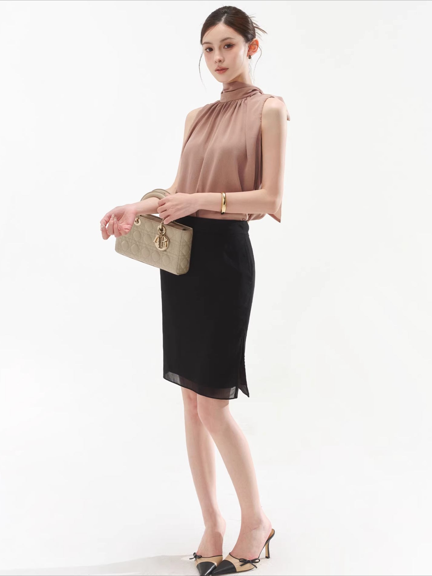 Sleeveless Drape Top & High-Waist Straight Midi Skirt Set