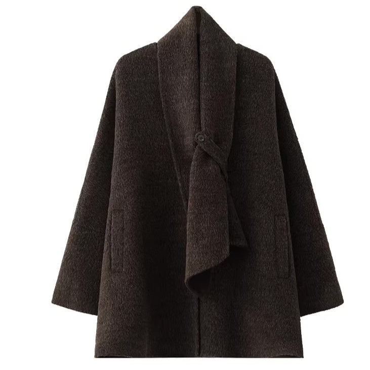 Scarf-Detail Mid-Length Wool Jacket