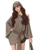 Cape-Style Off-Shoulder Long T-Shirt