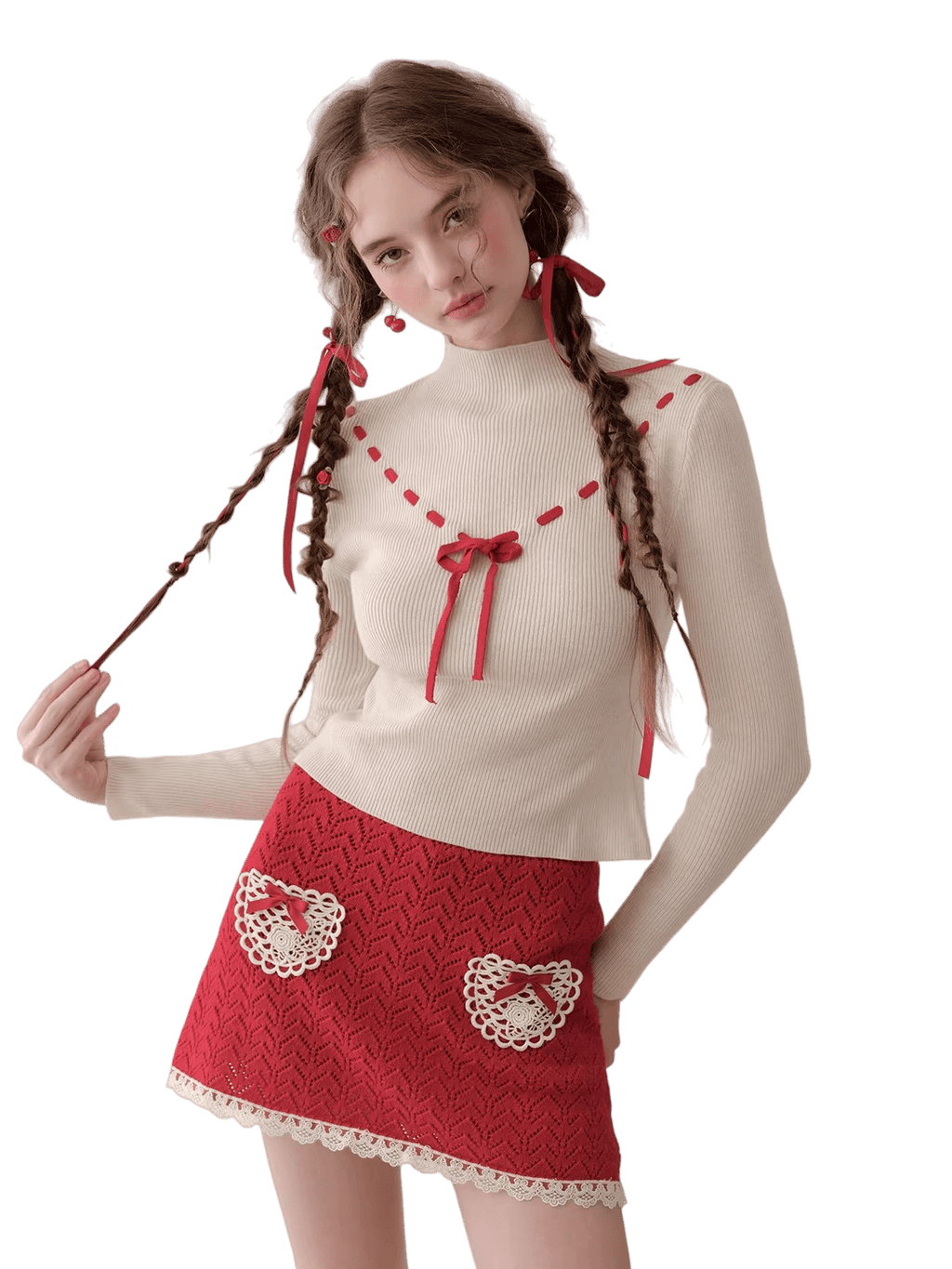 Collegiate White Mock-Neck Knit Top & Skirt Set