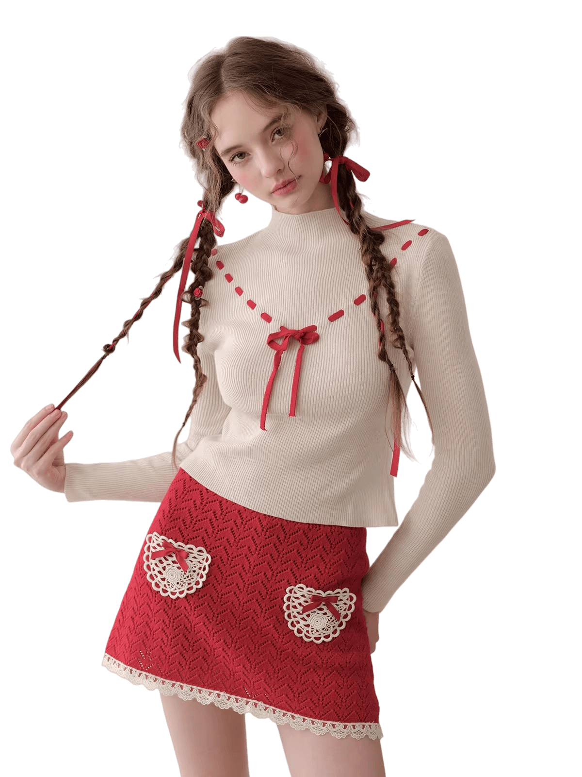 Collegiate White Mock-Neck Knit Top & Skirt Set