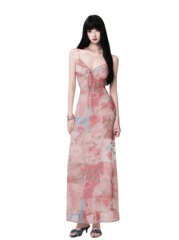 Floral V-Neck Spliced Print Slip Dress