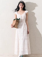 Cream White Lace-Panel Slim Fit Textured Dress