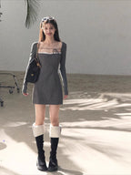 Slim-Fit Black Waist-Cinched Long-Sleeve Dress