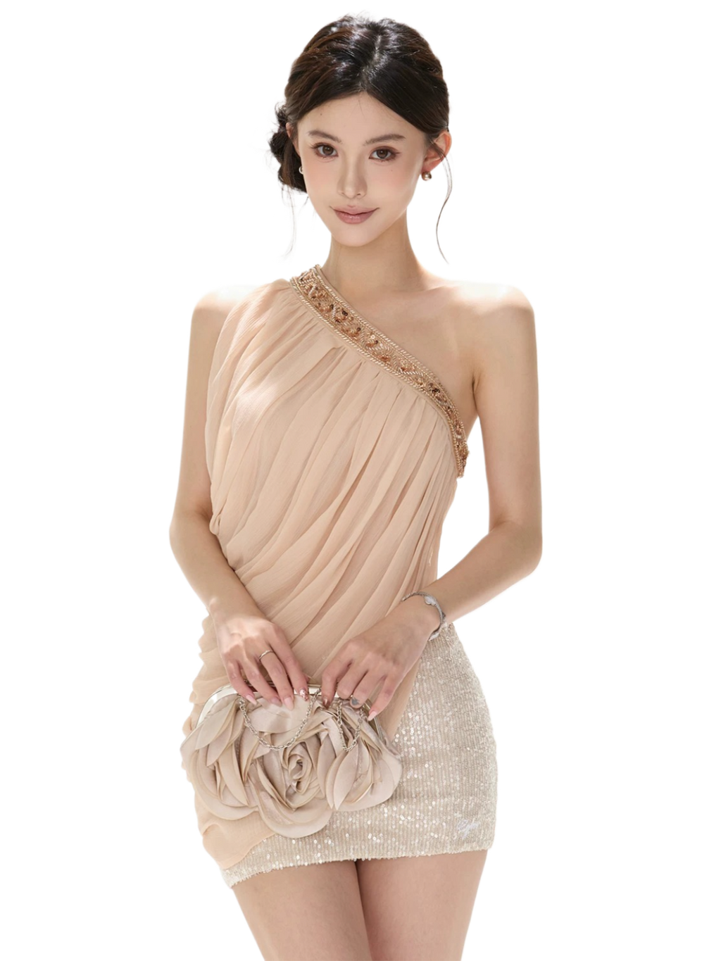 Beaded Asymmetric One-Shoulder Chiffon Draped Blouse