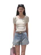 Turn-Back Glance Bow Backless Slim-Fit T-Shirt