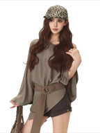 Cape-Style Off-Shoulder Long T-Shirt
