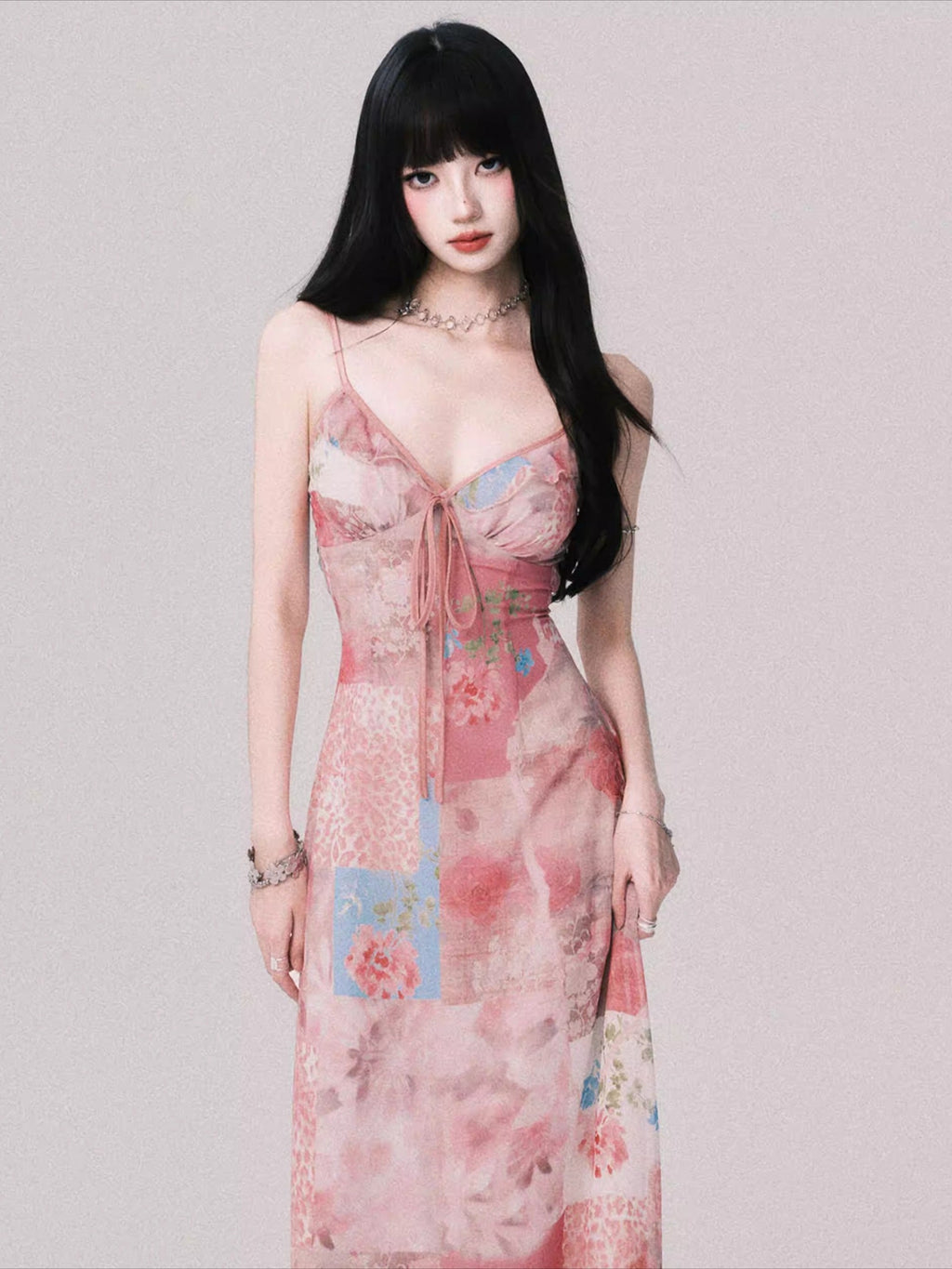 Floral V-Neck Spliced Print Slip Dress