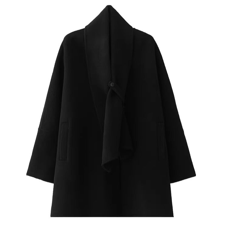 Scarf-Detail Mid-Length Wool Jacket
