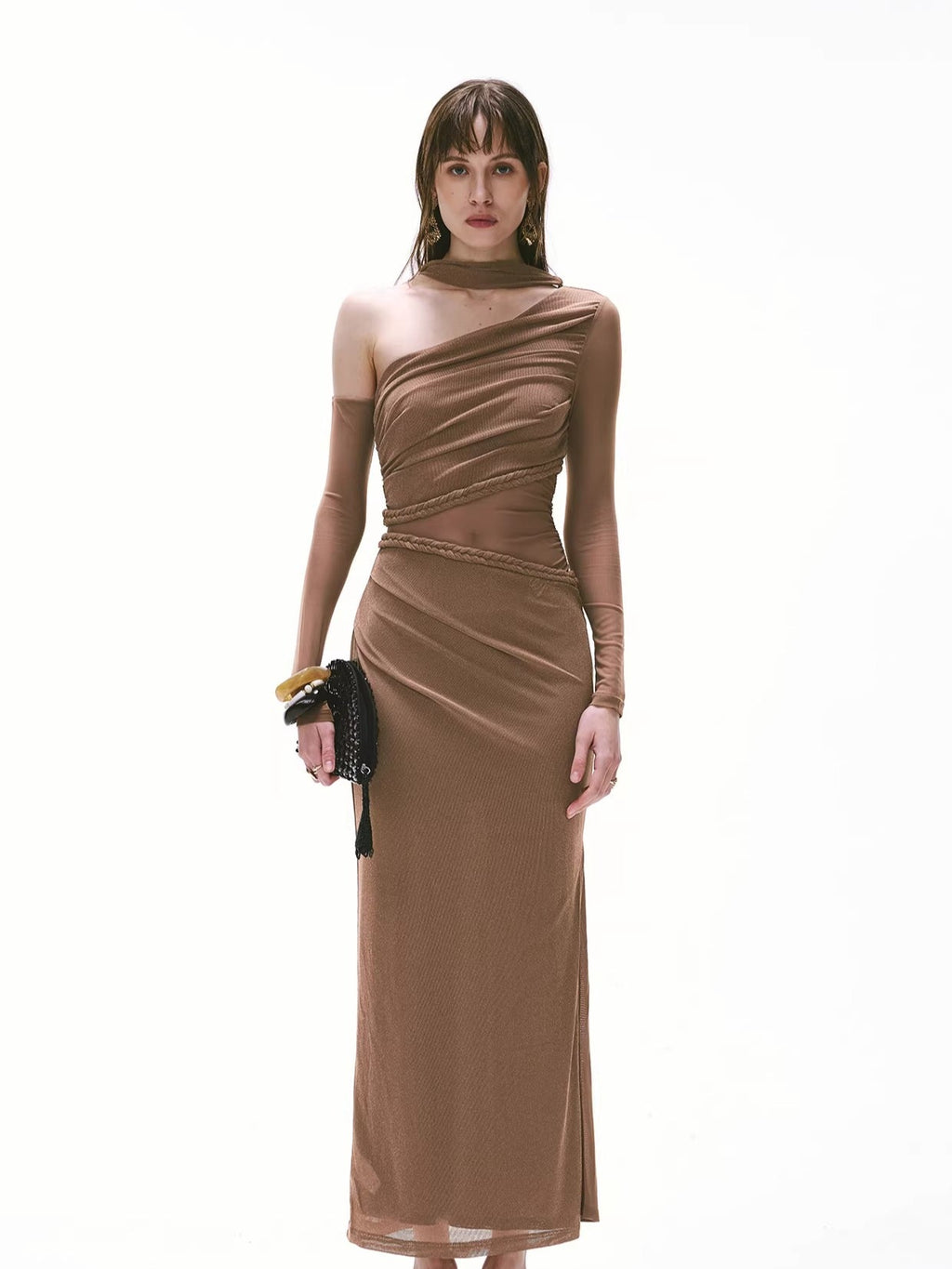 Vintage One-Shoulder Braided Ruched Maxi Dress