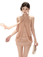 Vintage Heiress Halterneck Mesh Chiffon Ruched Bodycon Mini Dress