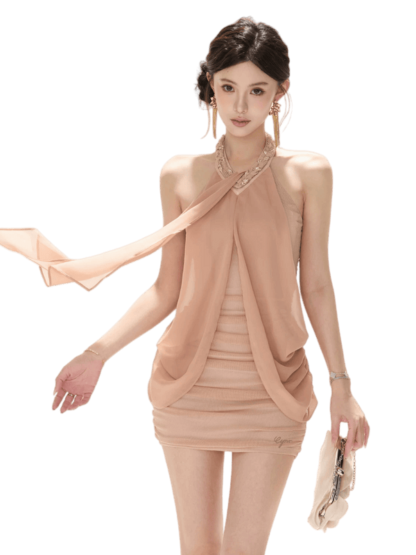 Vintage Heiress Halterneck Mesh Chiffon Ruched Bodycon Mini Dress