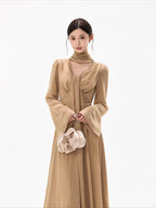 French Ribbon-Tie V-Neck Chiffon Maxi Dress