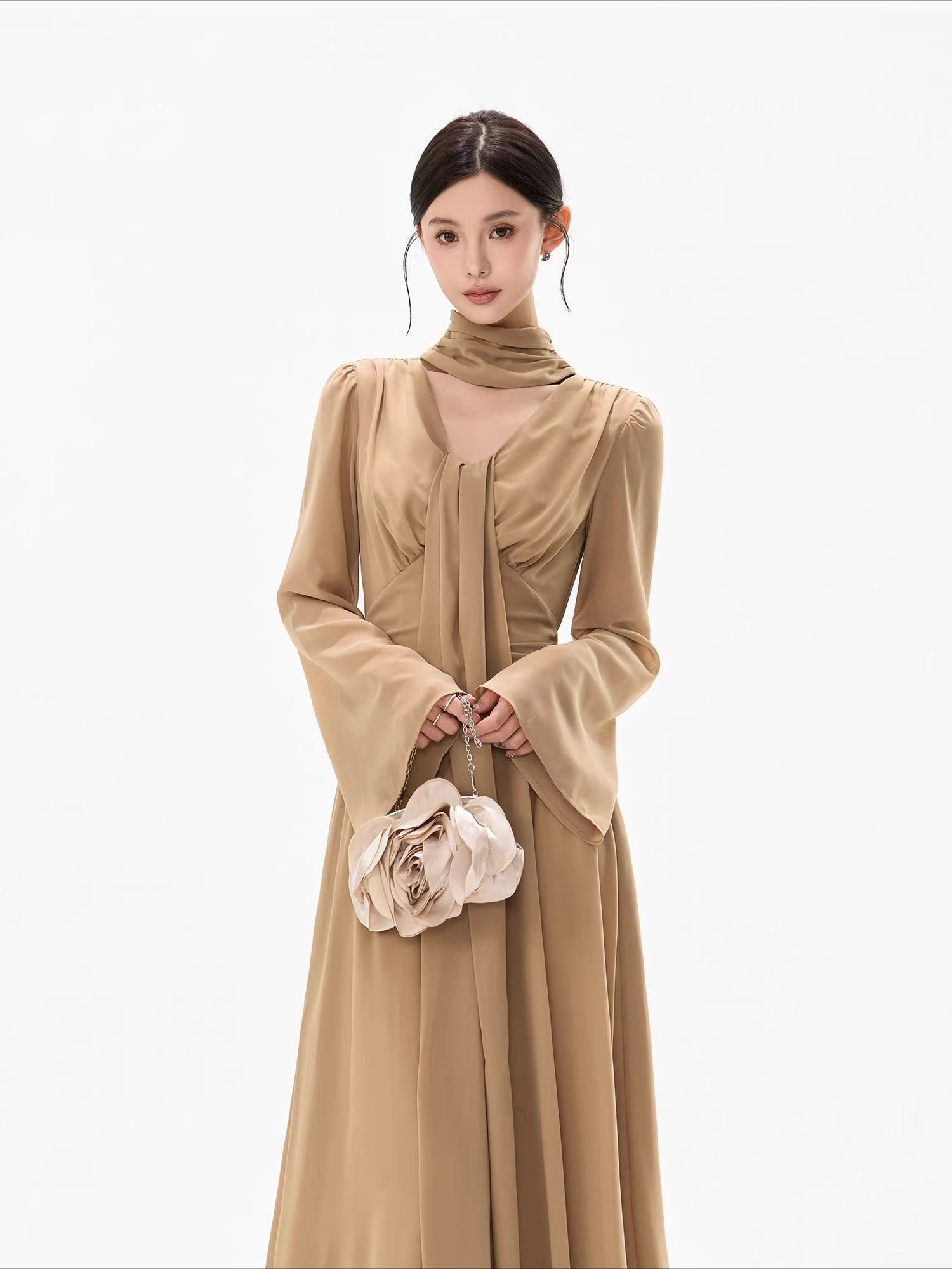 French Ribbon-Tie V-Neck Chiffon Maxi Dress