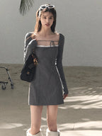 Slim-Fit Black Waist-Cinched Long-Sleeve Dress