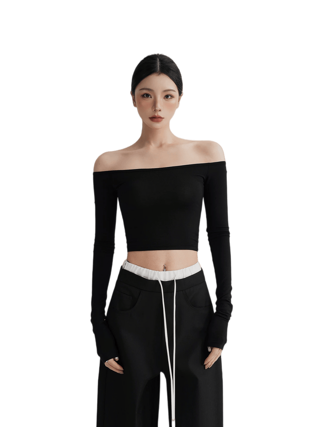 Off-Shoulder Cropped Fitted Long Sleeve T-Shirt