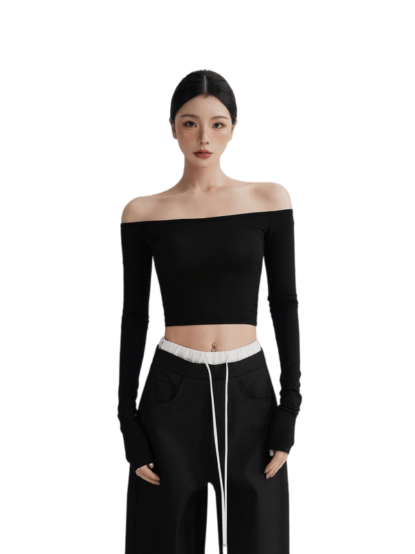 Off-Shoulder Cropped Fitted Long Sleeve T-Shirt
