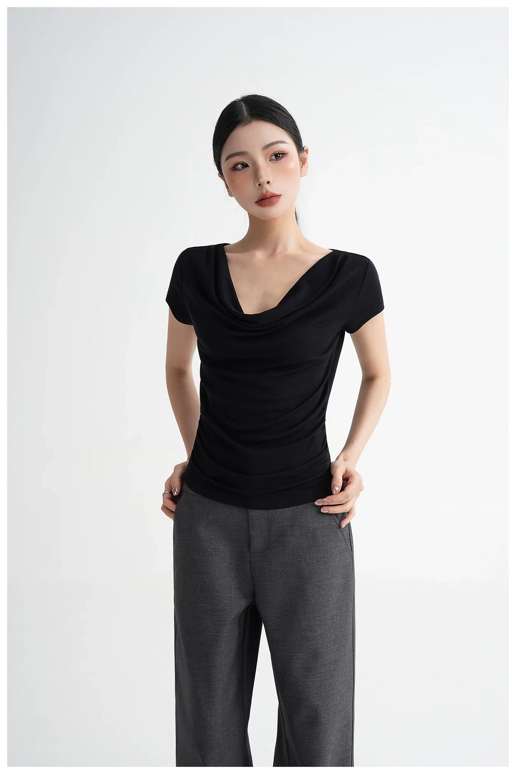 Draped Off-Shoulder Fitted Short Sleeve T-Shirt