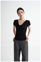 Draped Off-Shoulder Fitted Short Sleeve T-Shirt