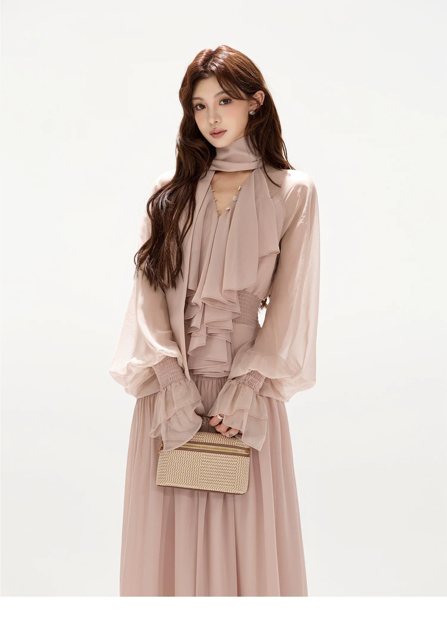 V-Neck Lantern Sleeve Maxi Dress