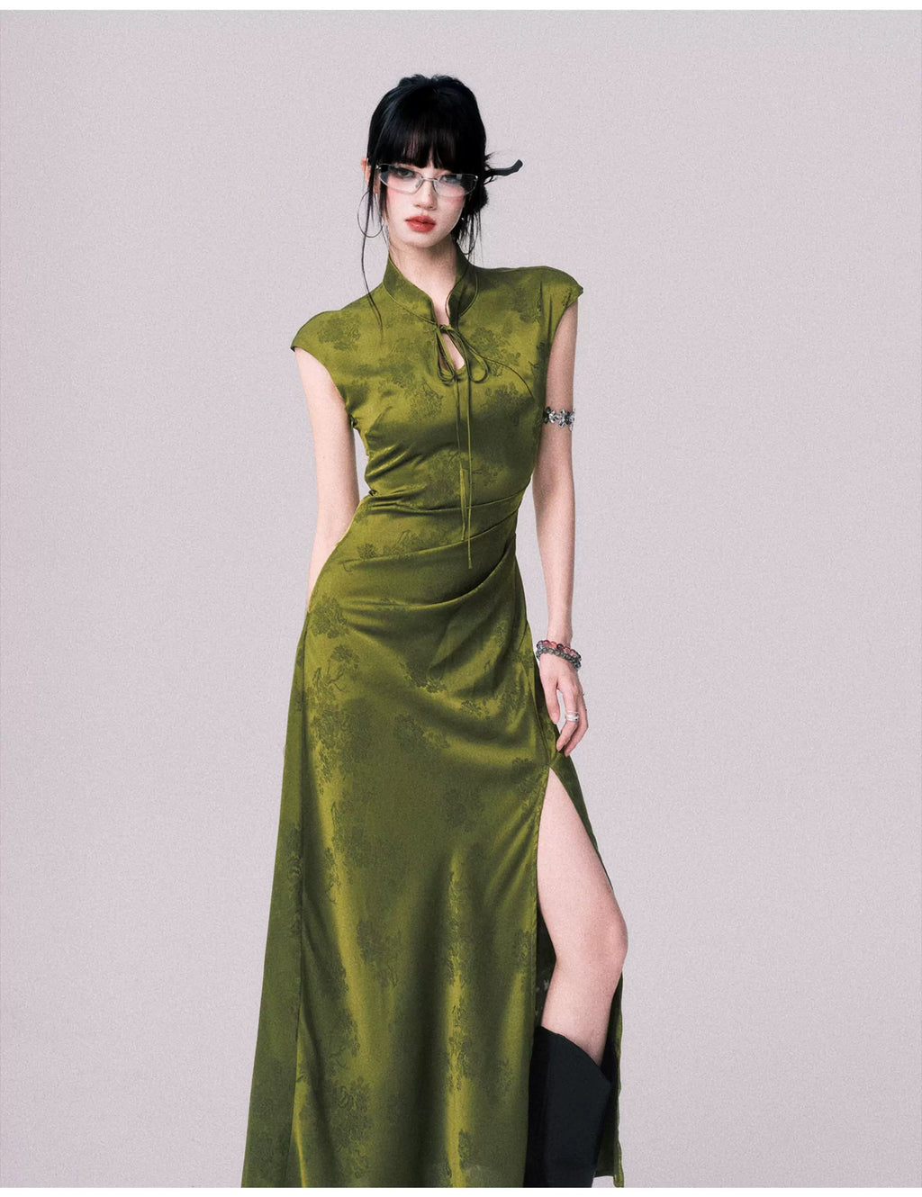 Chinese-Style Slit Cheongsam Maxi Dress