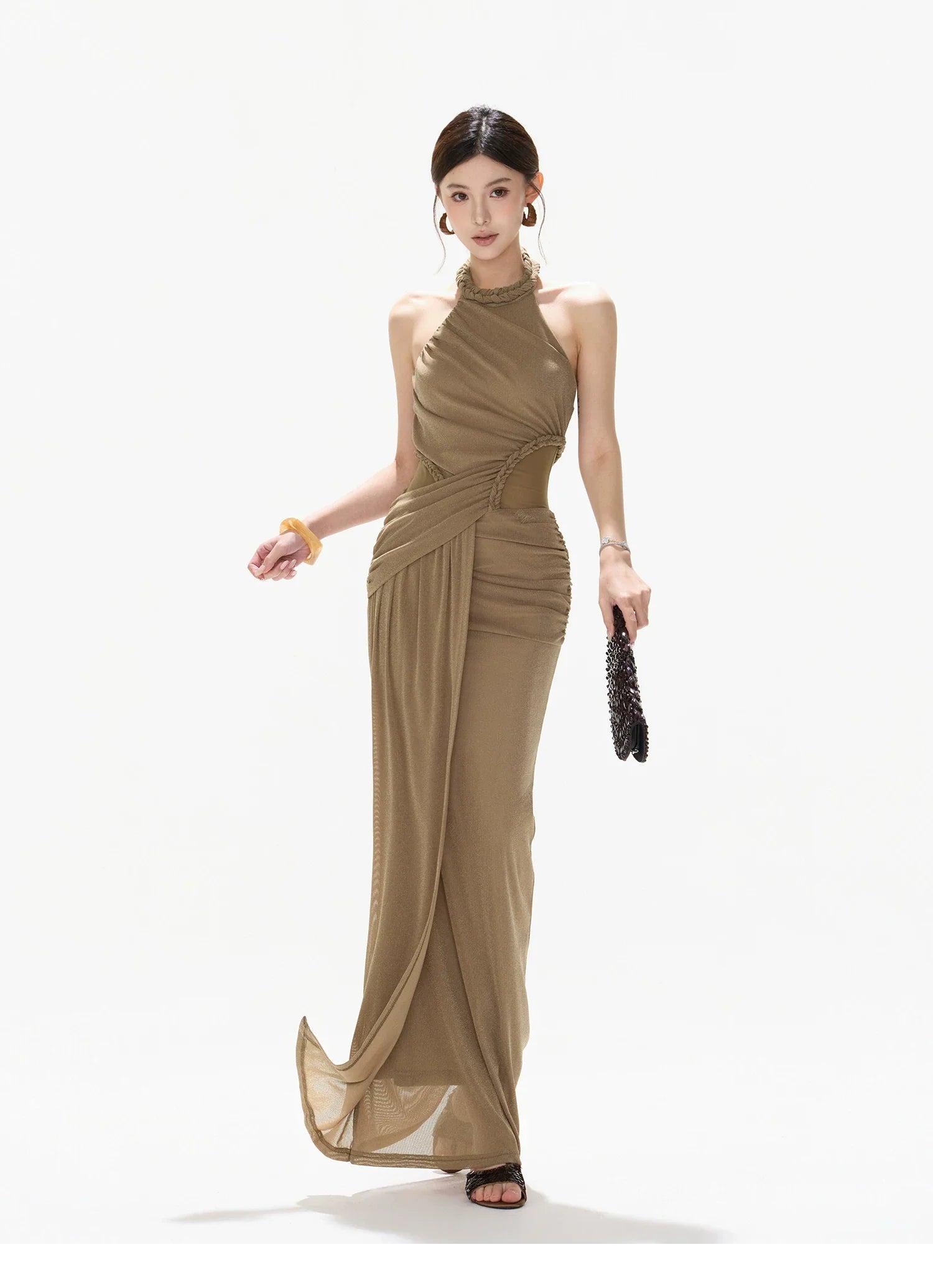 Elegant Ruched Mesh Halter Evening Dress