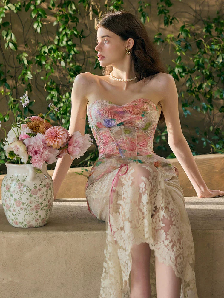 Romantic Oil-Paint Lace Corset Top & Skirt Set