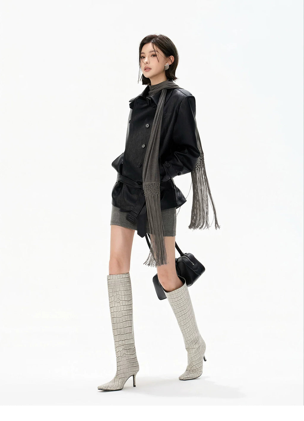 Minimalist Draped Turtleneck Knit Mini Dress with Tassel Ties