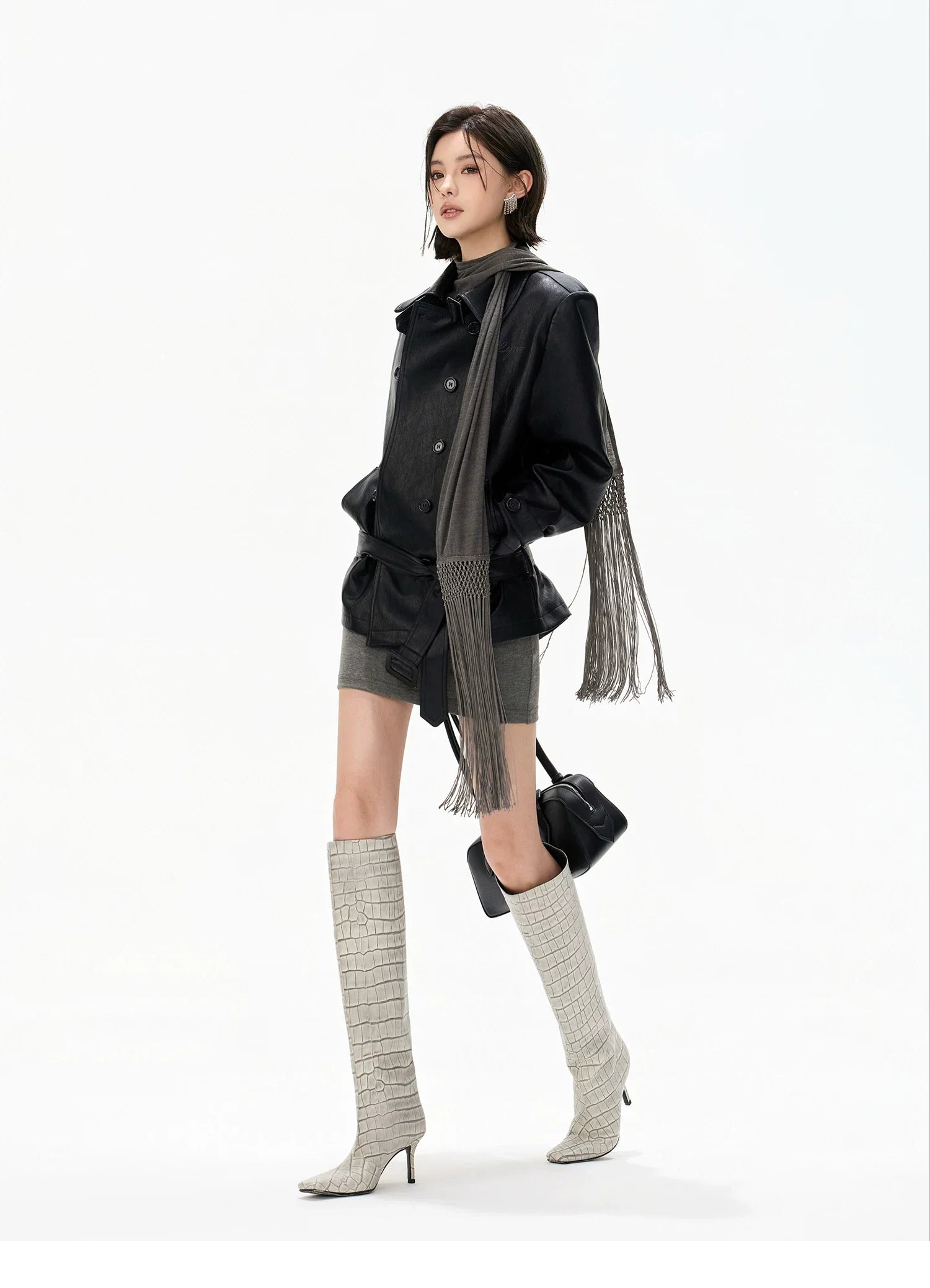 Minimalist Draped Turtleneck Knit Mini Dress with Tassel Ties