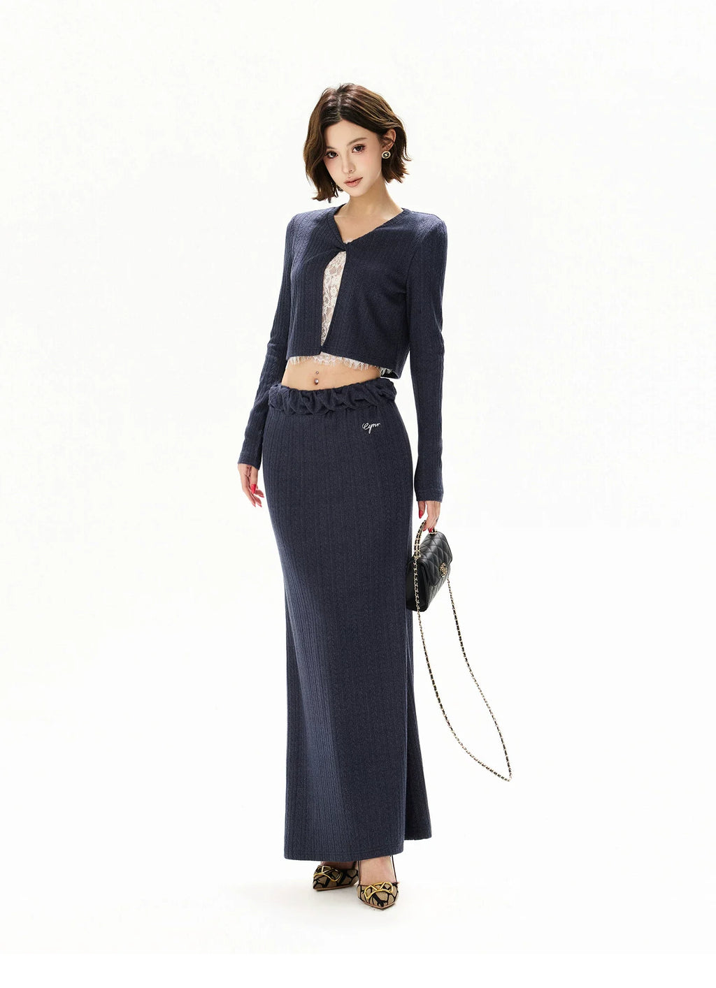 Navy Lace Panel Two-Piece Knit Set