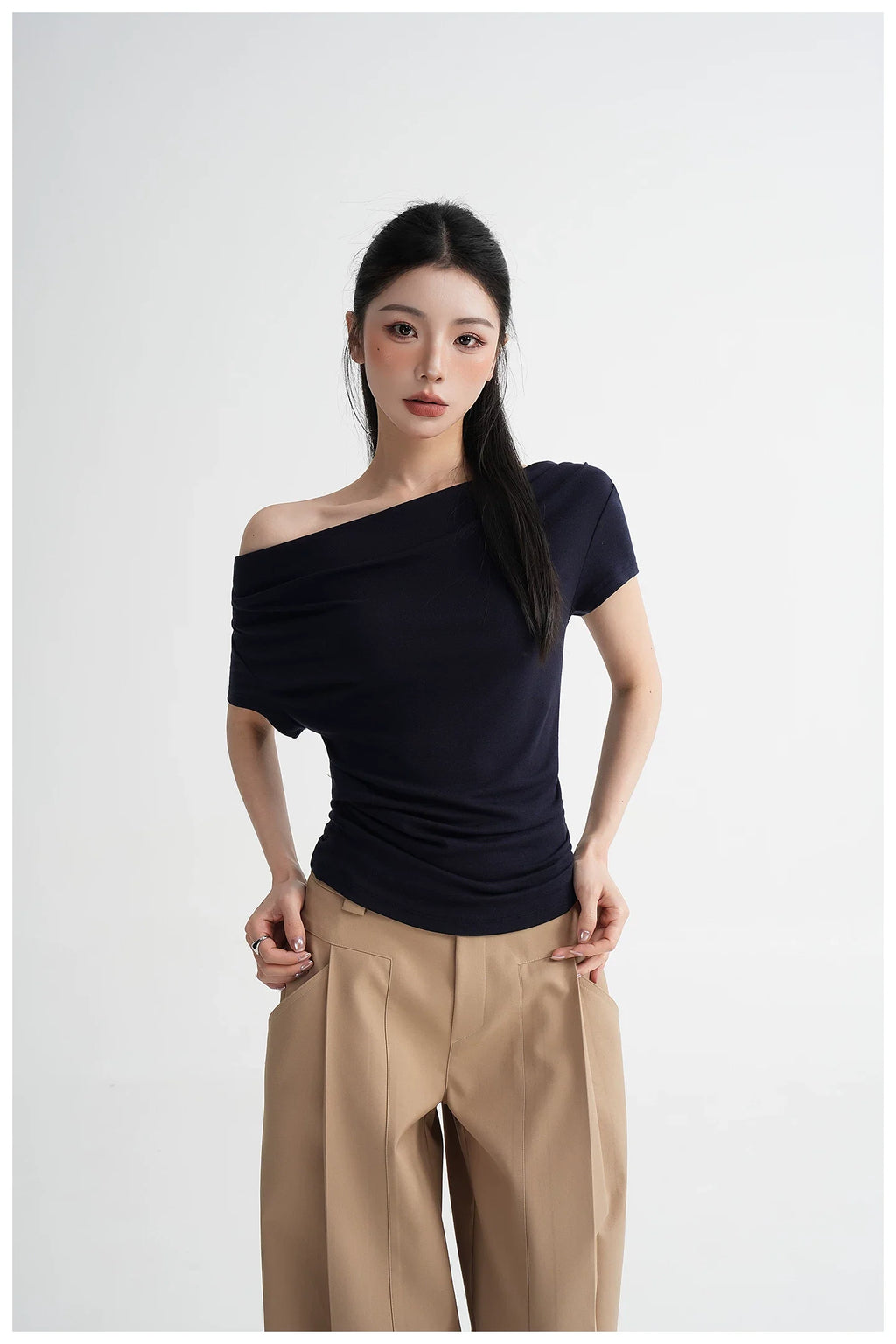 Draped Off-Shoulder Fitted Short Sleeve T-Shirt