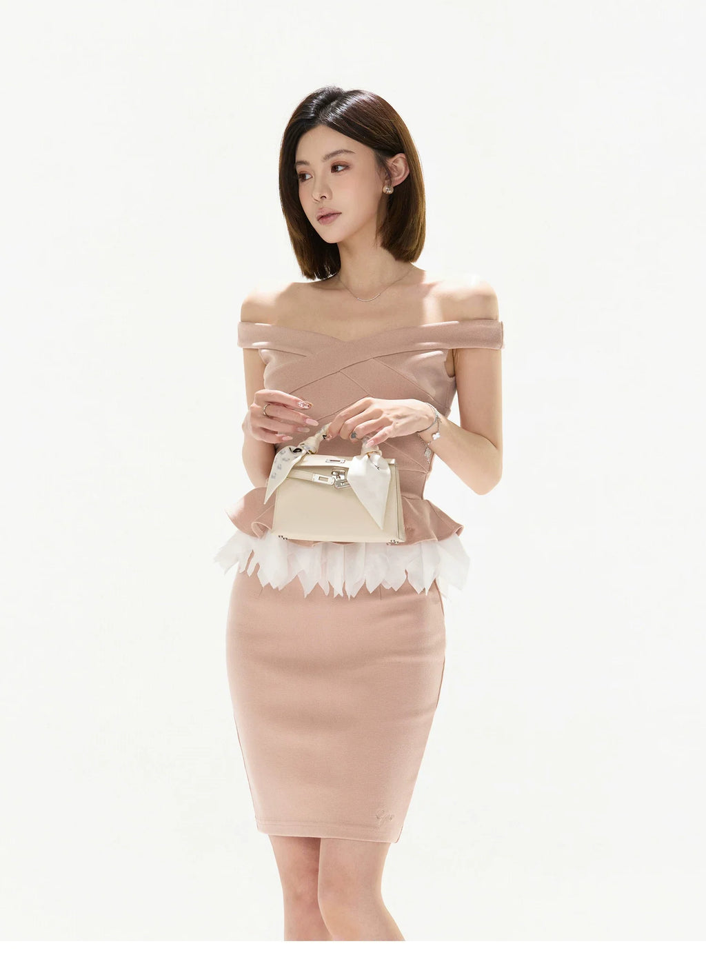 Elegant Tweed Off-Shoulder Two-Piece Skirt Set