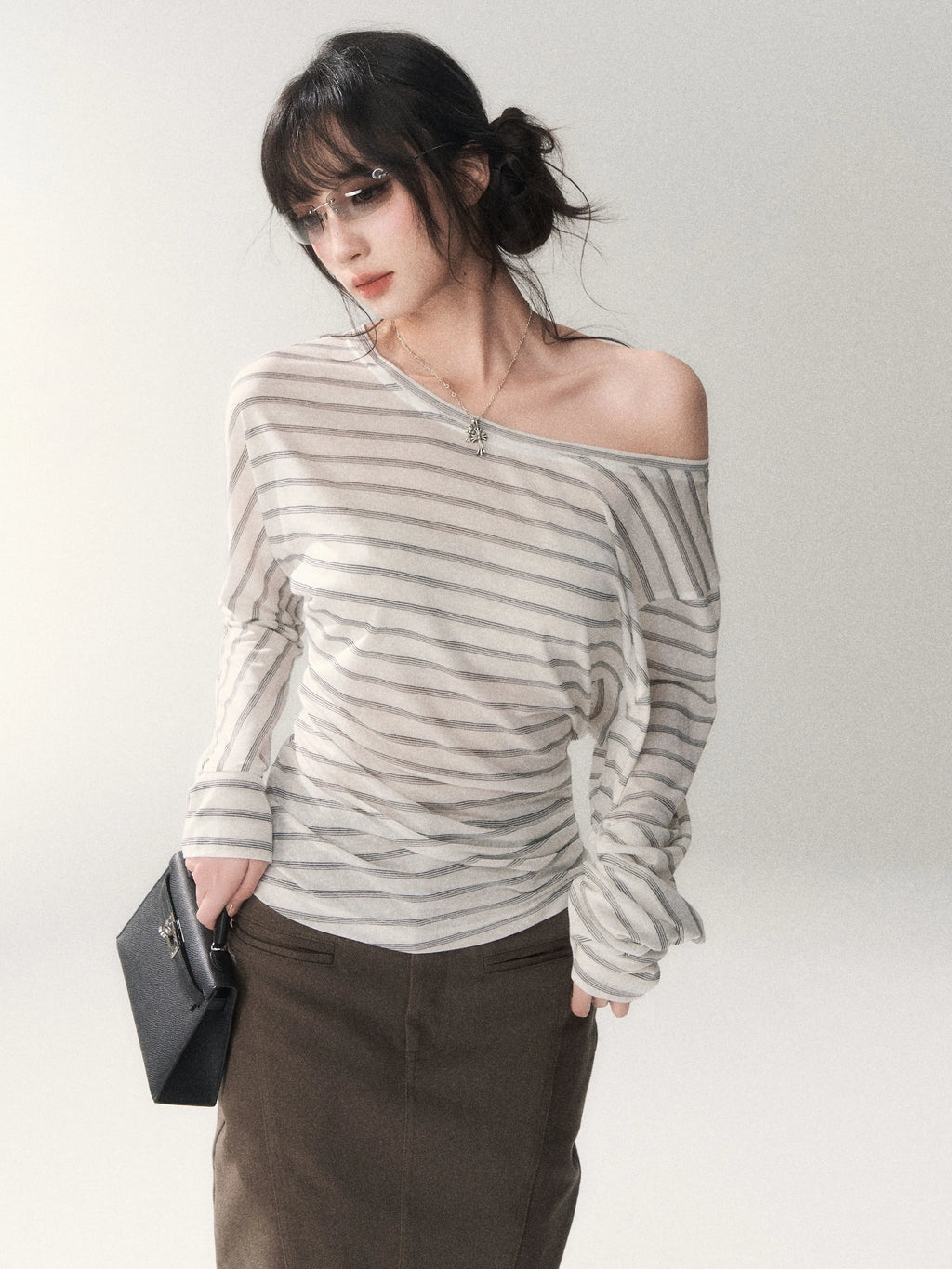 Asymmetric Off-Shoulder Striped Tencel Slim-Fit Long Sleeve Top