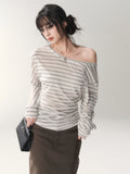 Asymmetric Off-Shoulder Striped Tencel Slim-Fit Long Sleeve Top