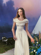 White French Court-Style Draped-Neck Dress