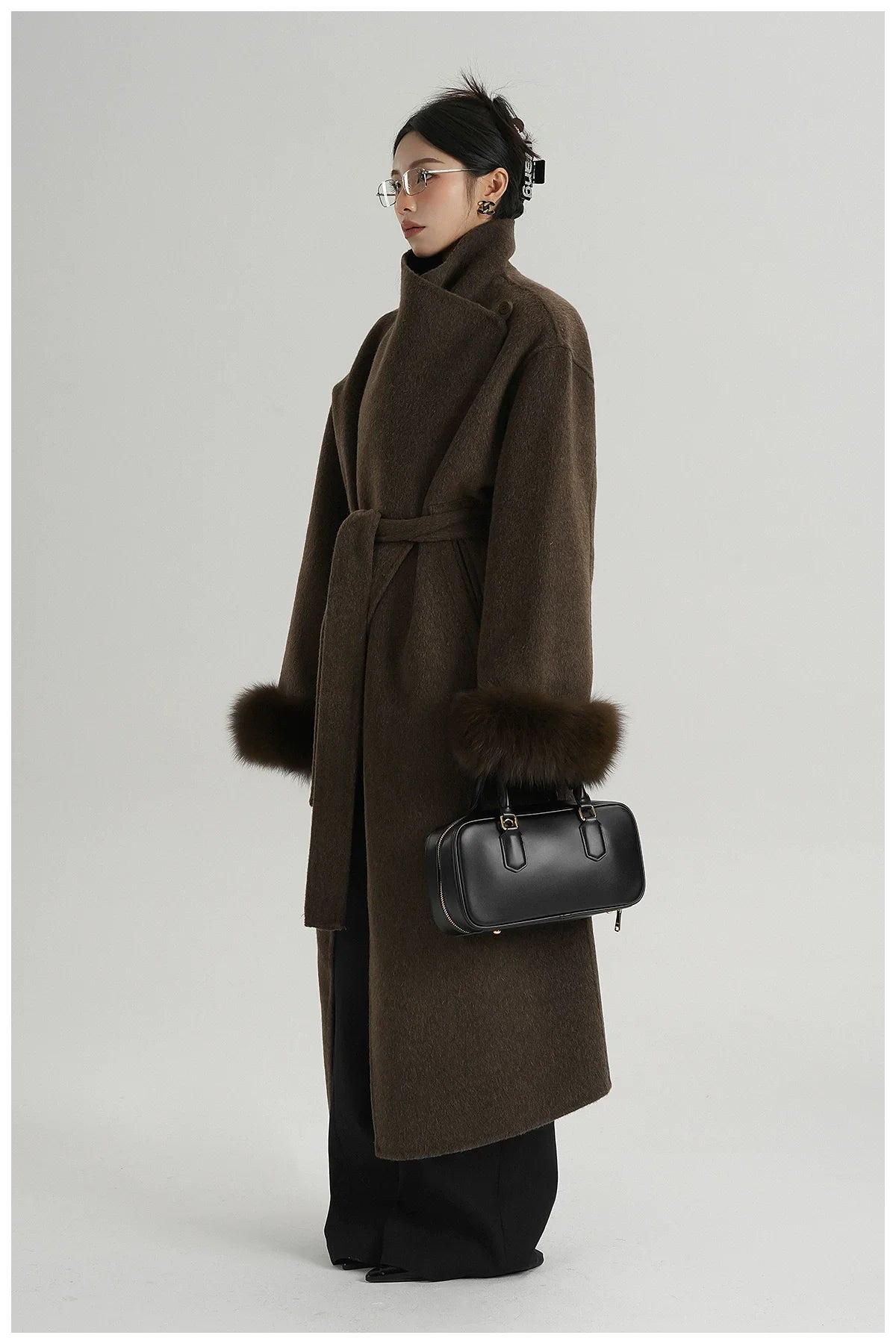 Elegant Fox-Fur Sleeve Long Wool Coat
