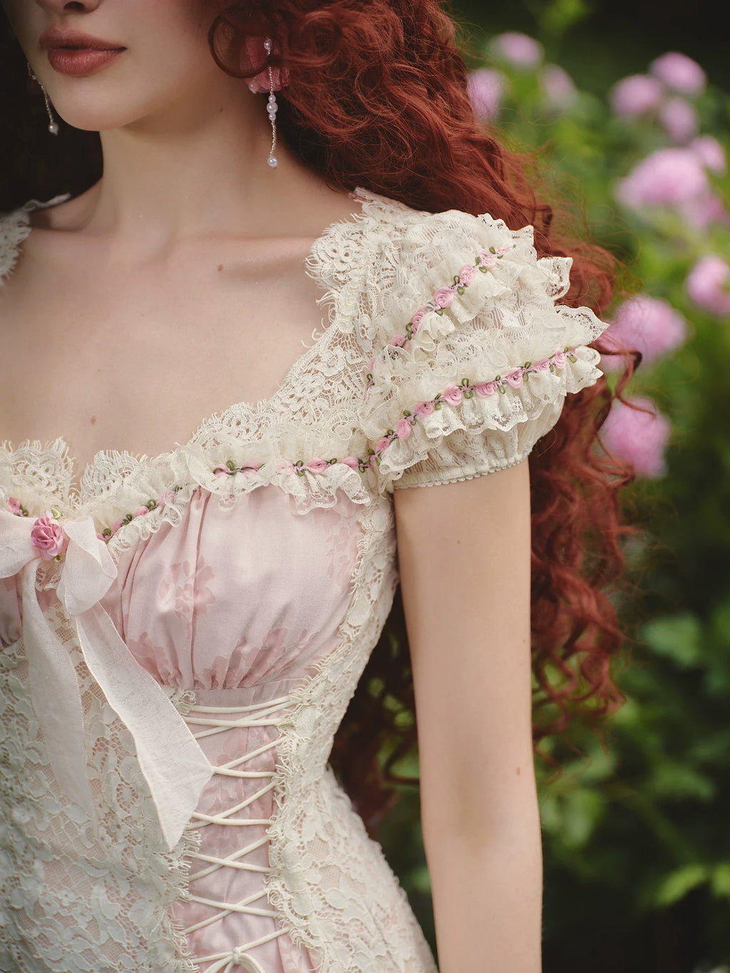 French Sweet Empire-Waist Lace Tie Dress