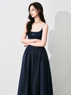 Contrast-Trim Backless Slip Maxi Dress
