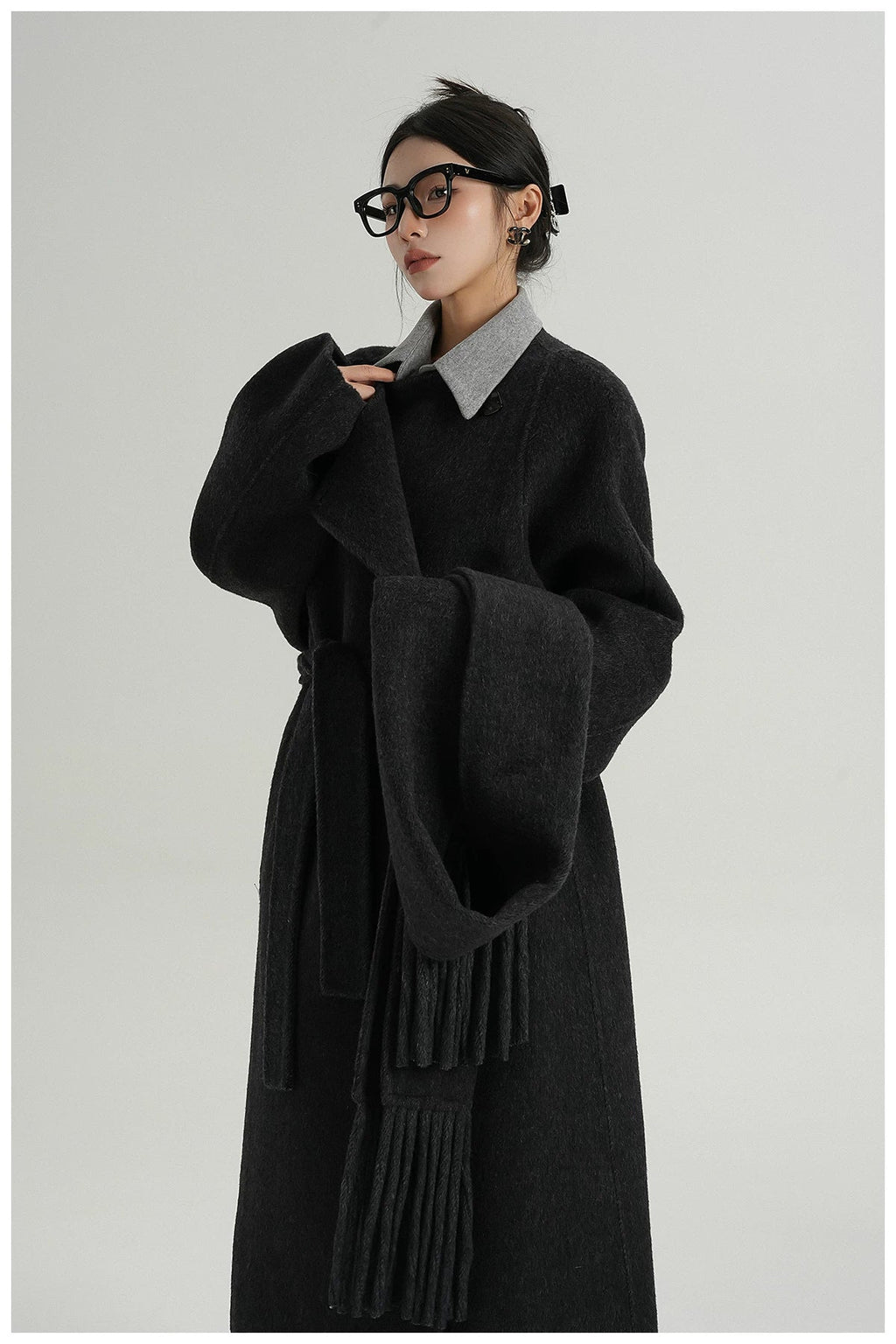 Fringe-Detail Wool Scarf-Style Long Coat