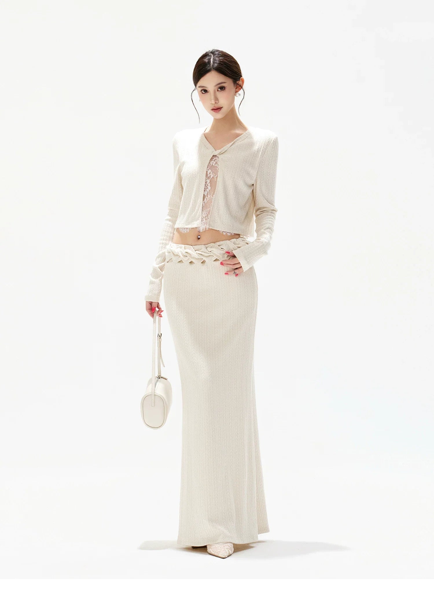 Apricot Lace Panel Knit Two-Piece Set