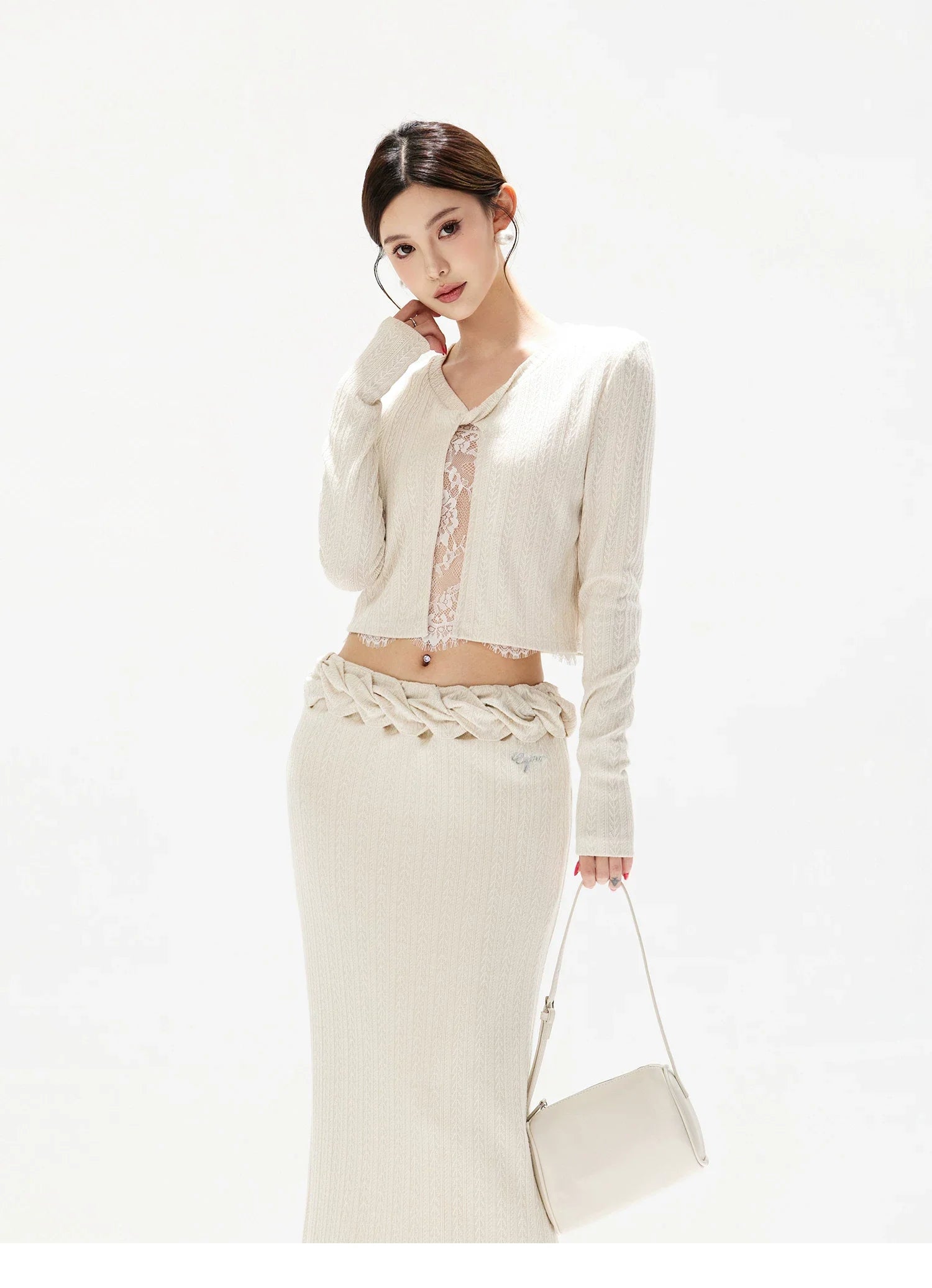 Apricot Lace Panel Knit Two-Piece Set