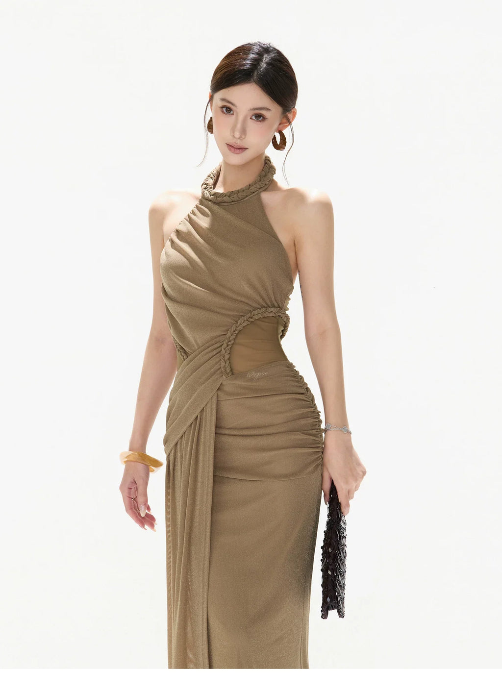 Elegant Ruched Mesh Halter Evening Dress