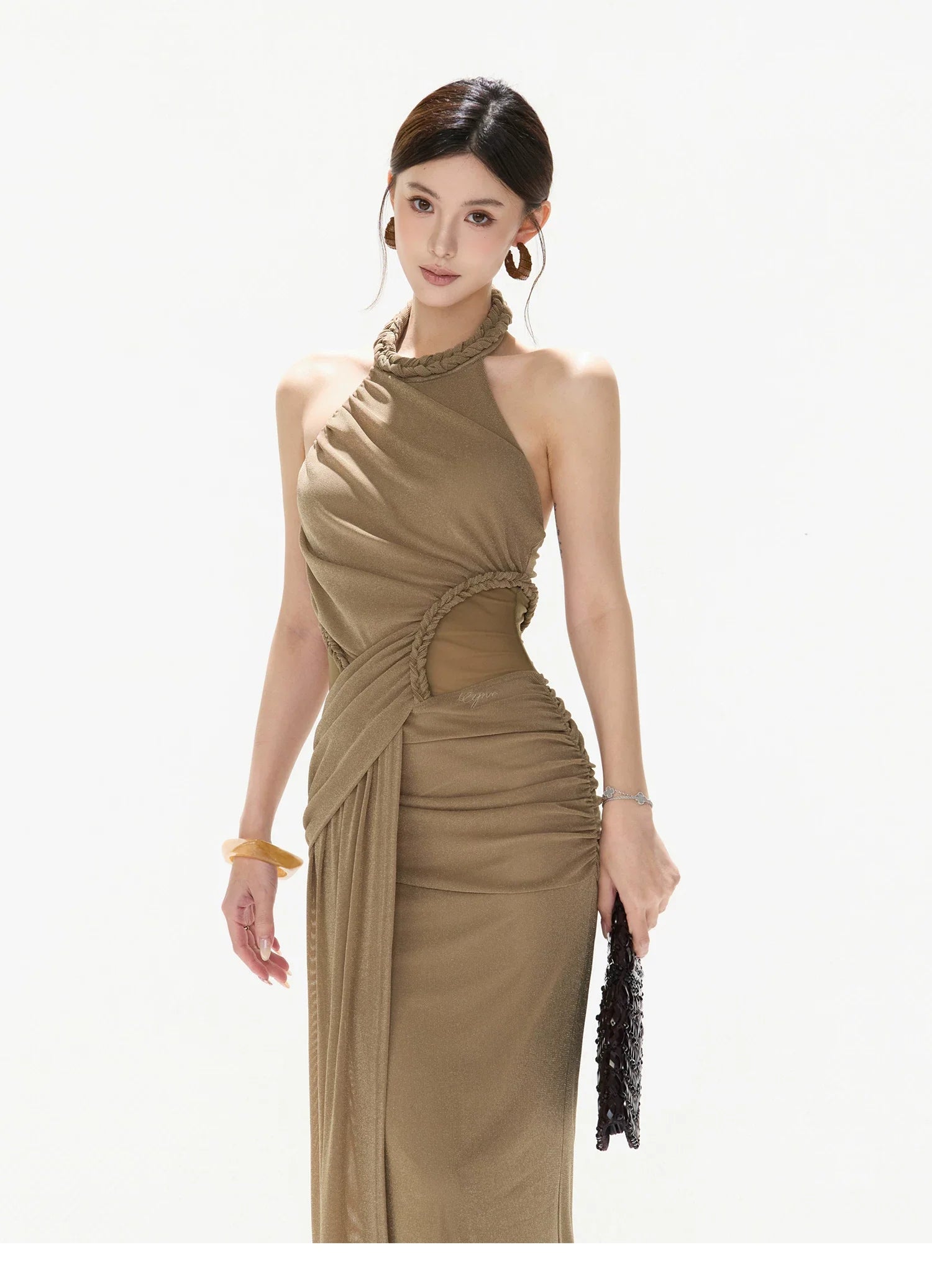 Elegant Ruched Mesh Halter Evening Dress