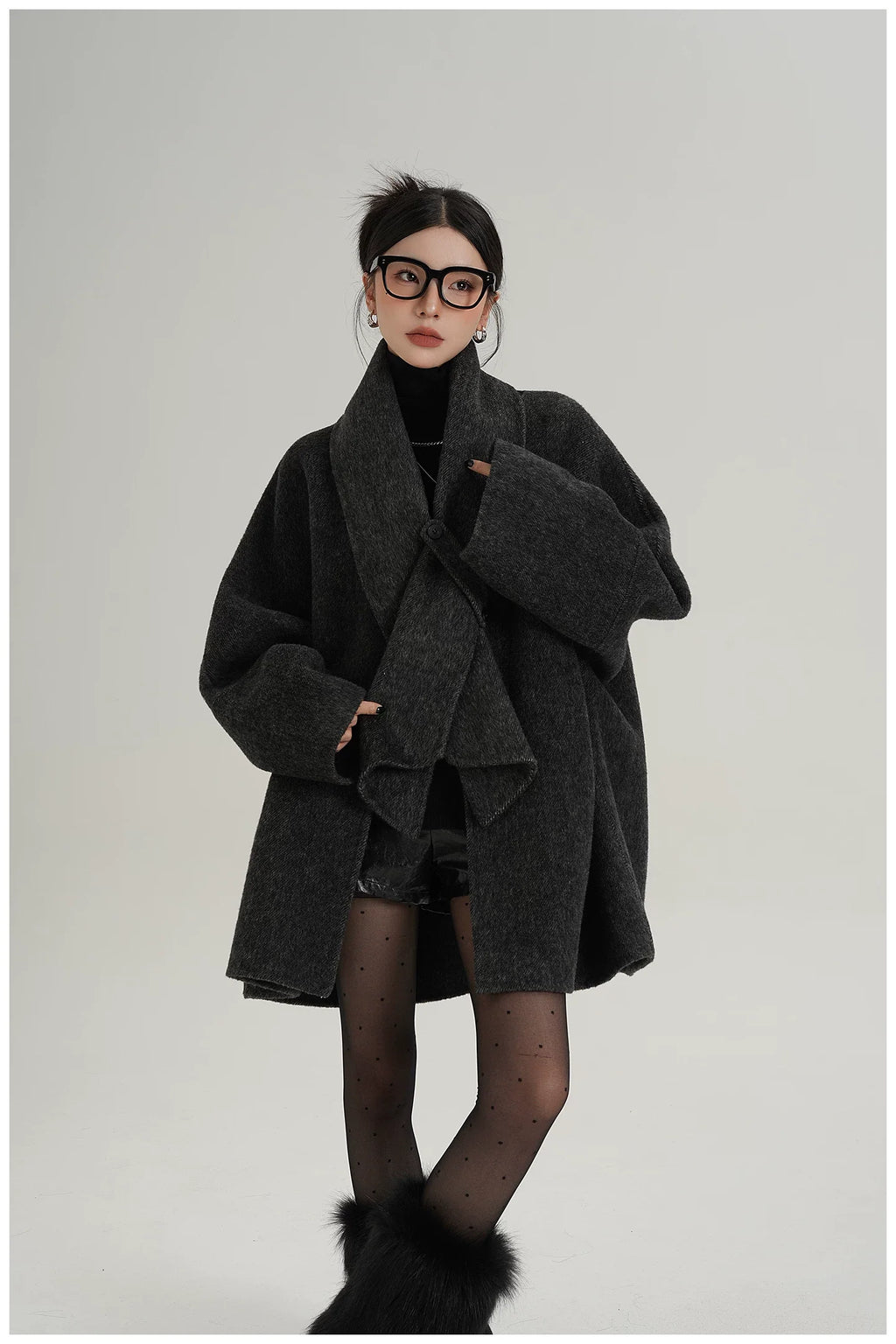 Scarf-Detail Mid-Length Wool Jacket