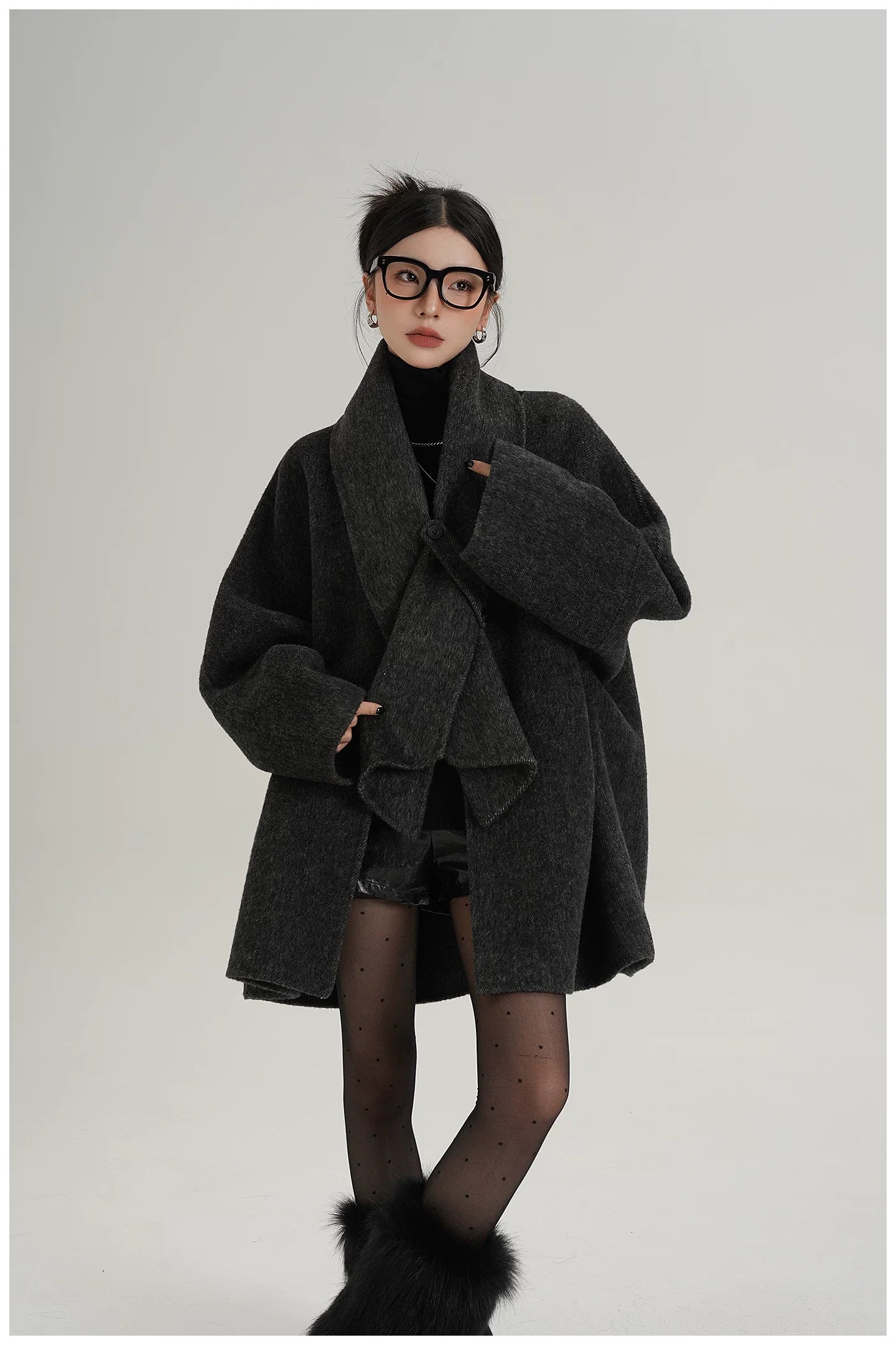 Scarf-Detail Mid-Length Wool Jacket