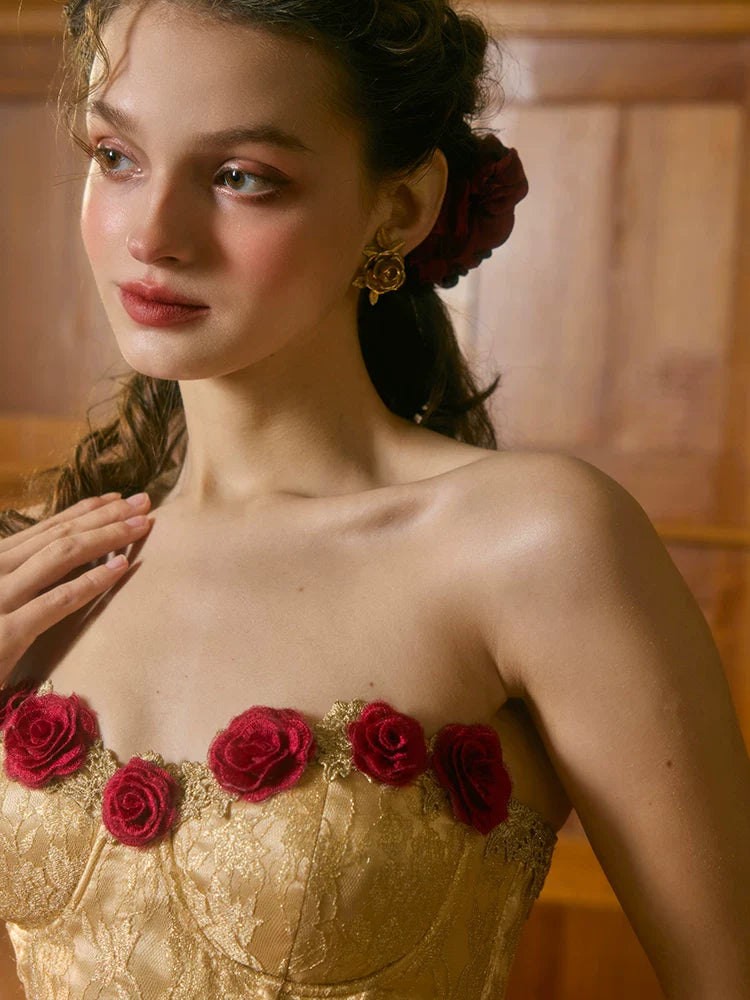 Red French Vintage Strapless Corset Dress