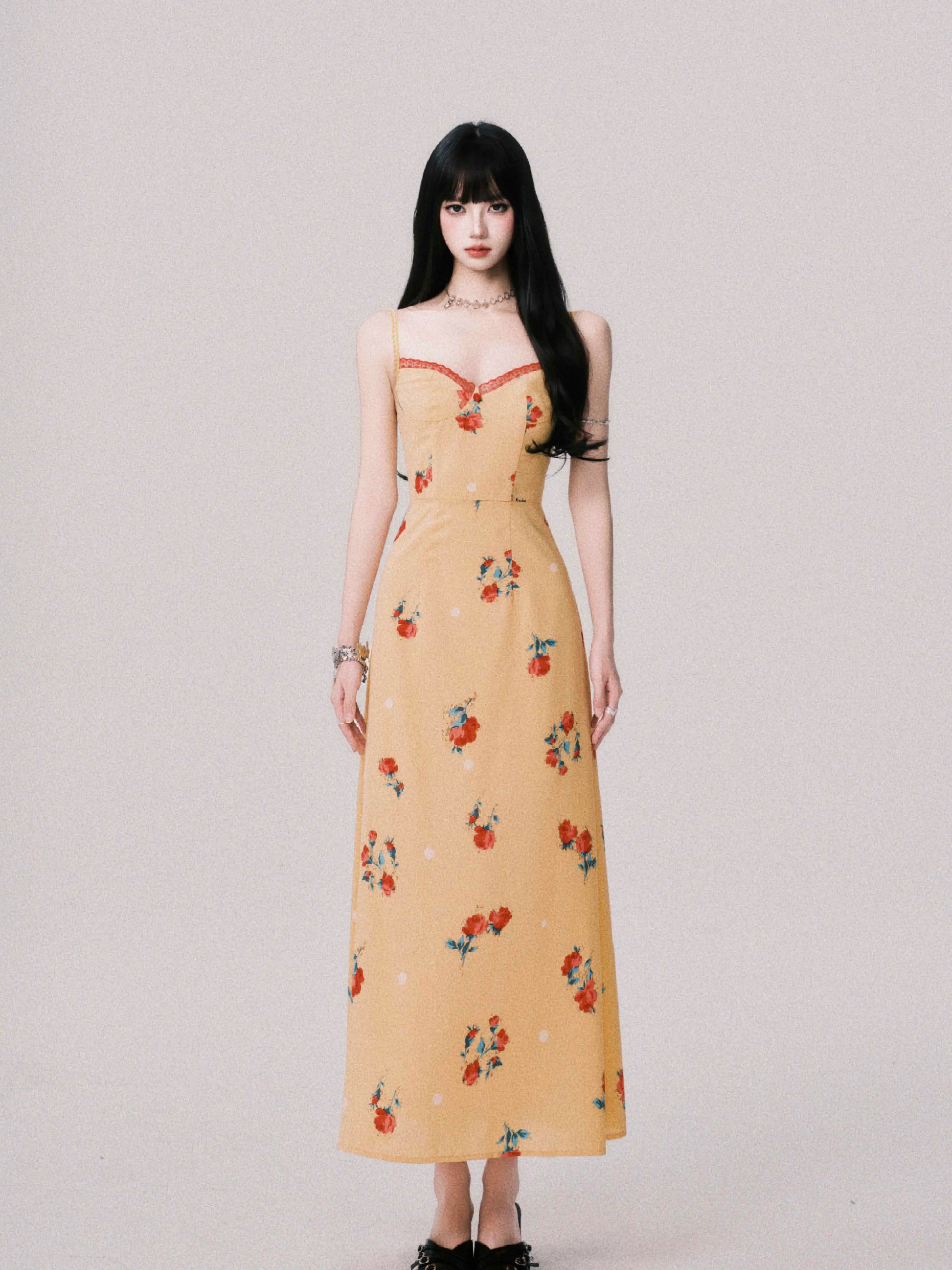 French V-Neck Floral Slip Maxi Dress