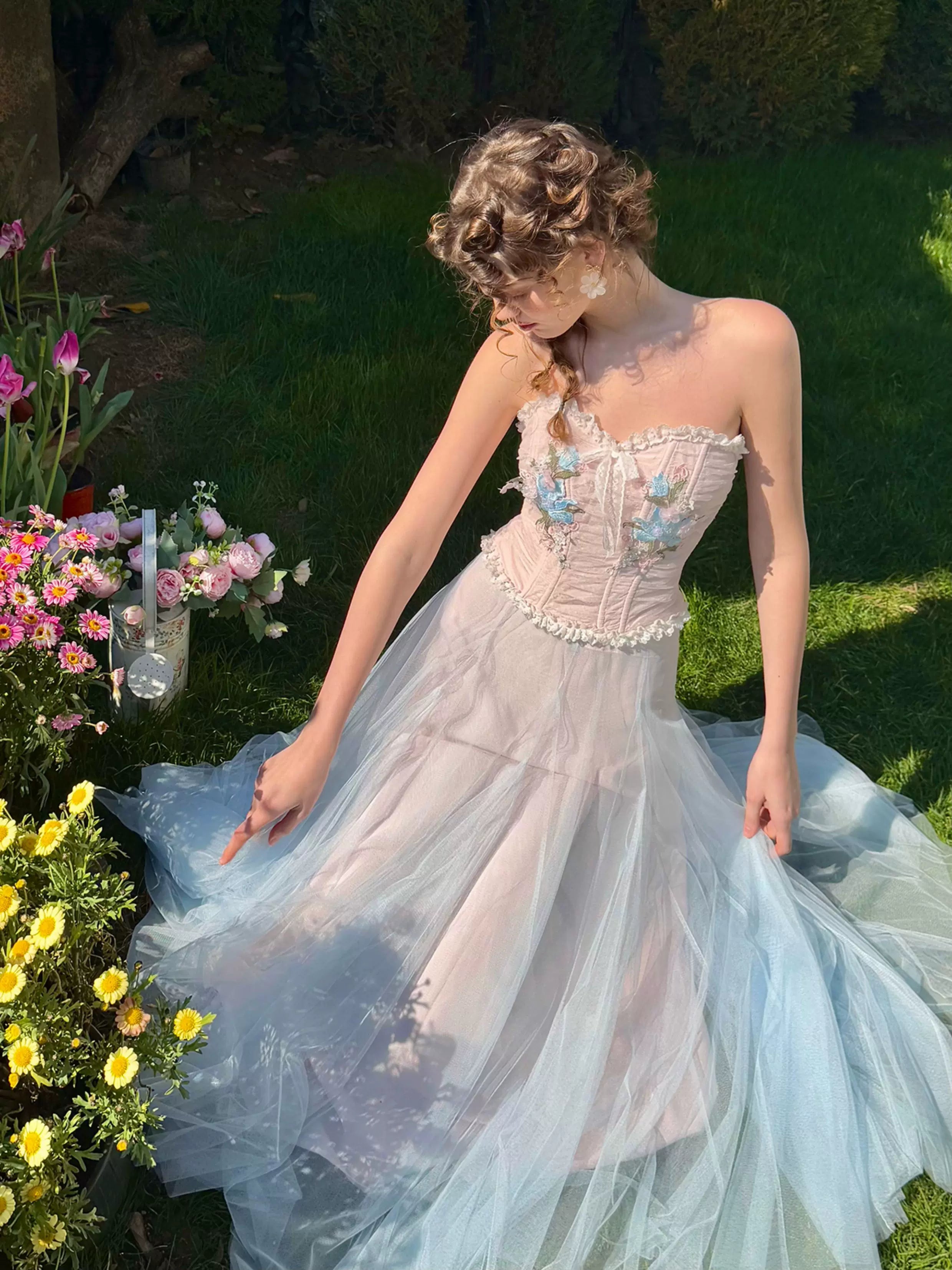 Blue Lily Strapless Corset Top & Mesh Skirt Set