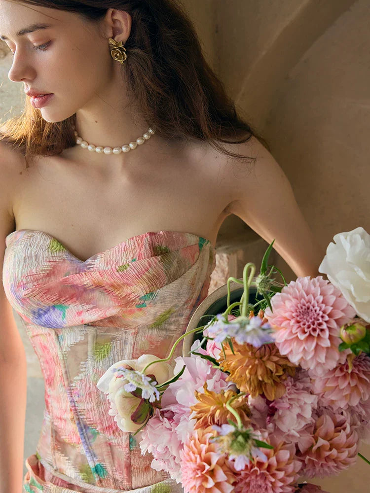 Romantic Oil-Paint Lace Corset Top & Skirt Set