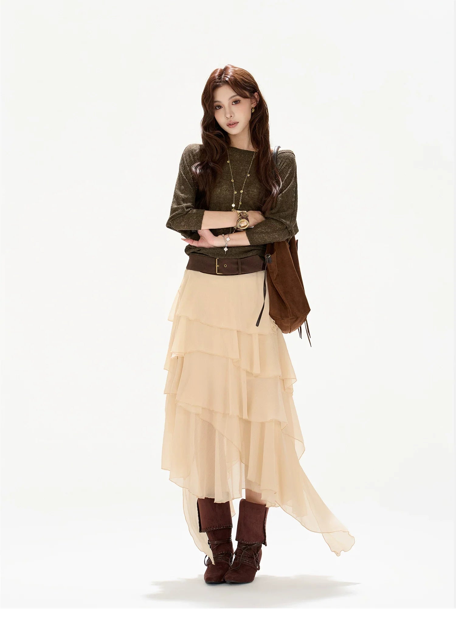 Faux-Belt Tiered Chiffon Maxi Skirt